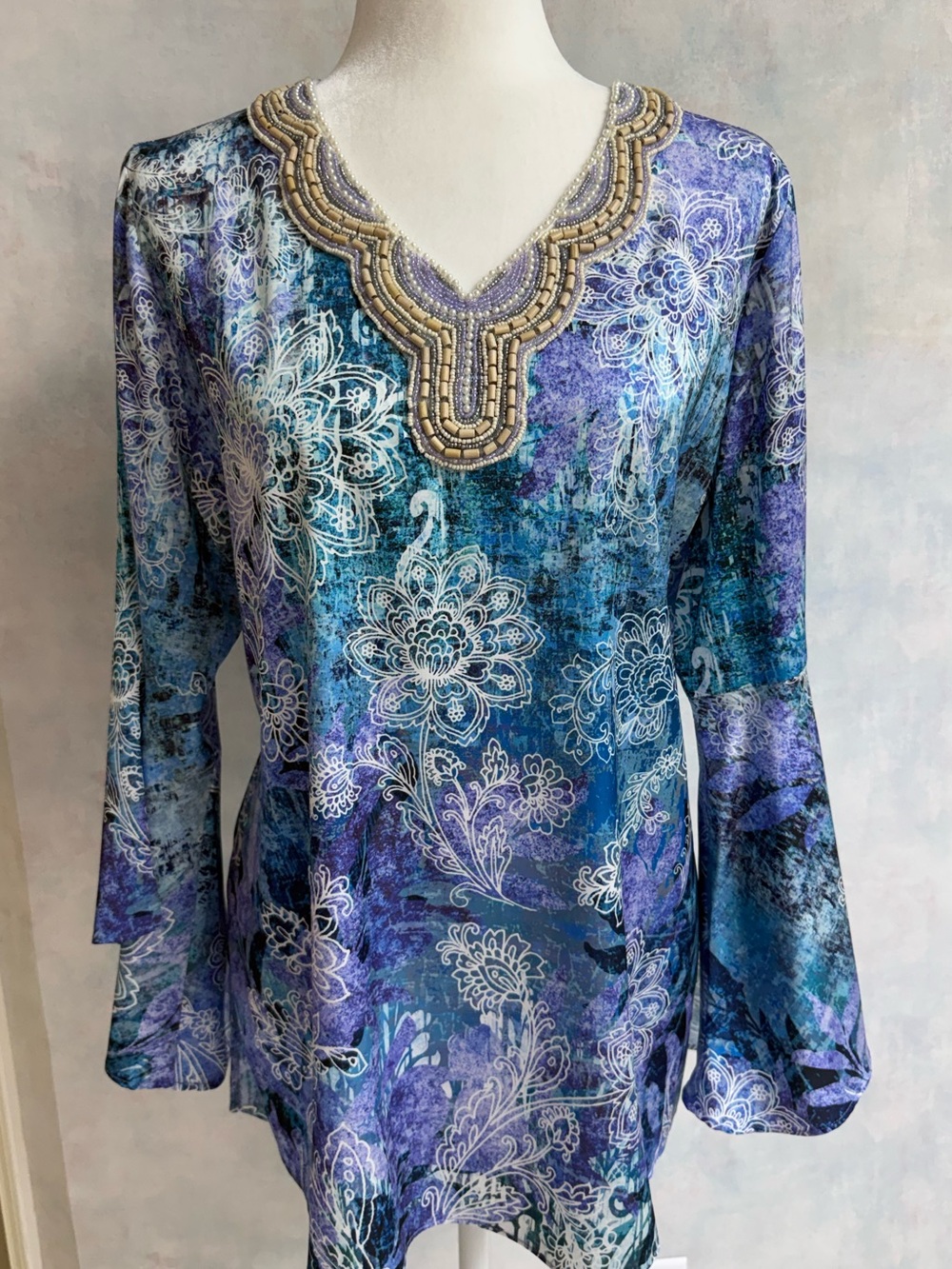 Susan Graver M  Feminine Colorful Beaded Neckline with Bell Sleeves length